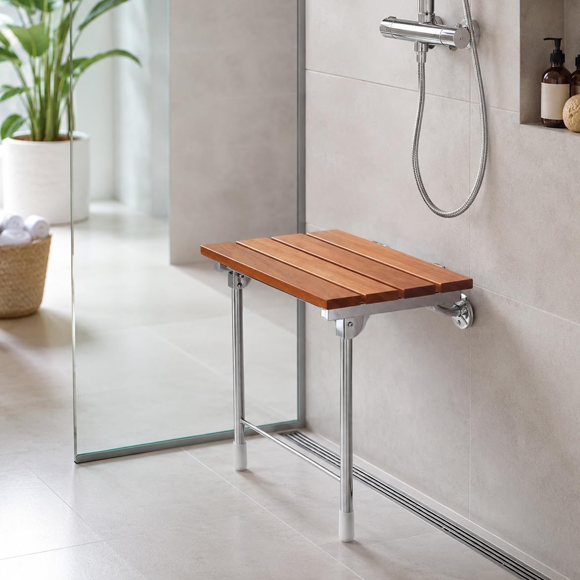 Teak Wall‑Mounted Folding Shower Bench