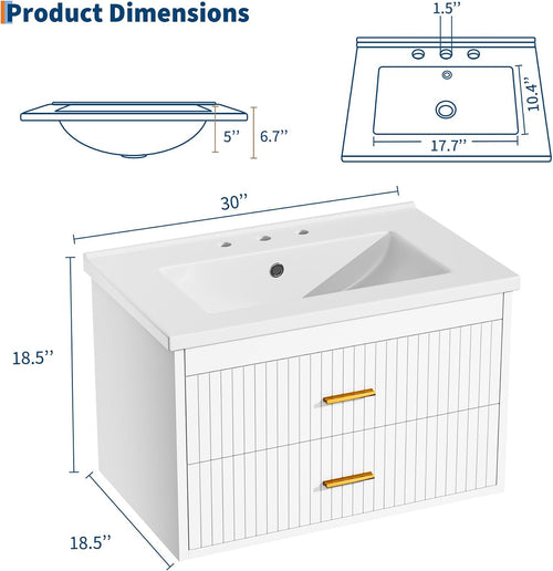 24 Inch White Fluted Floating Bathroom Vanity