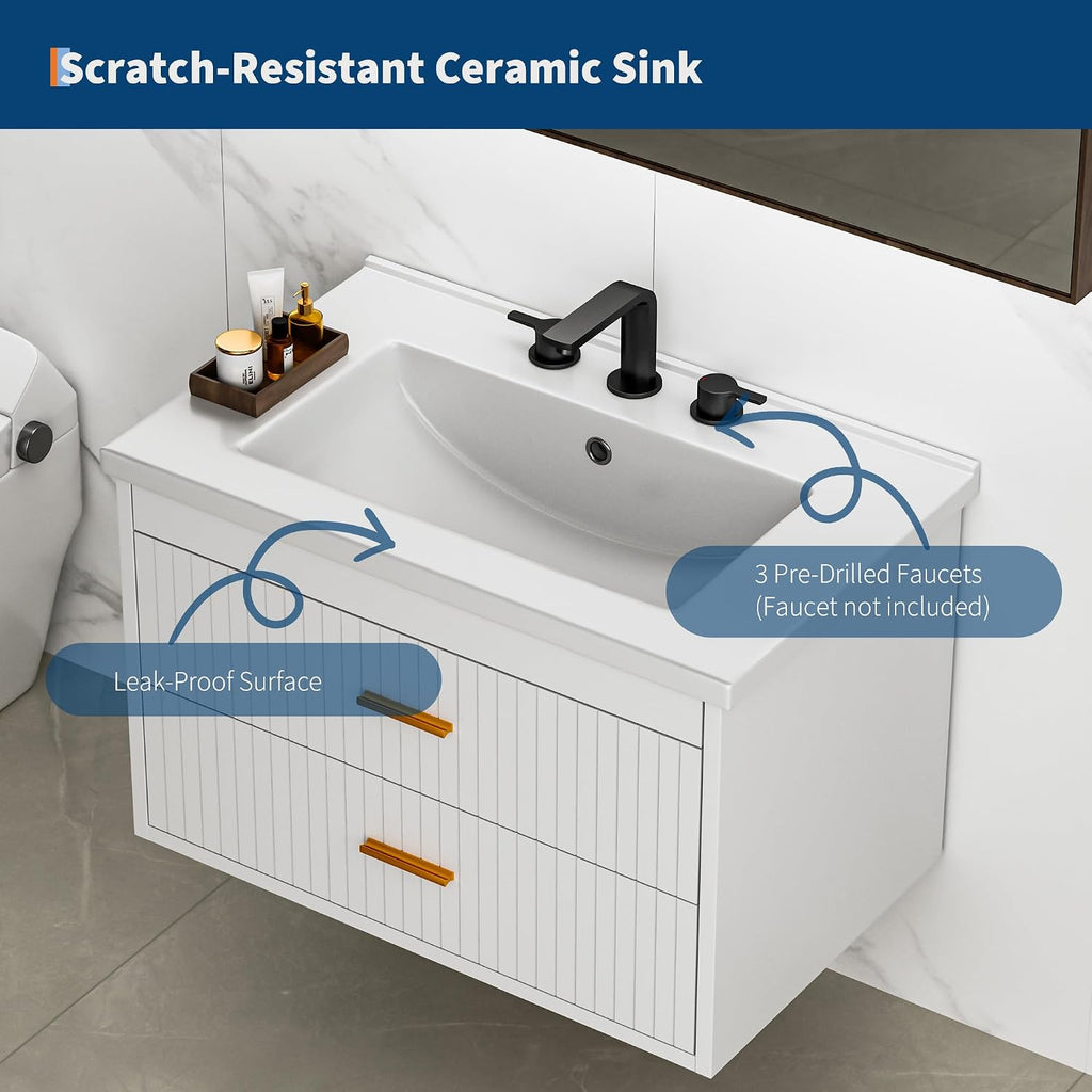 24 Inch White Fluted Floating Bathroom Vanity