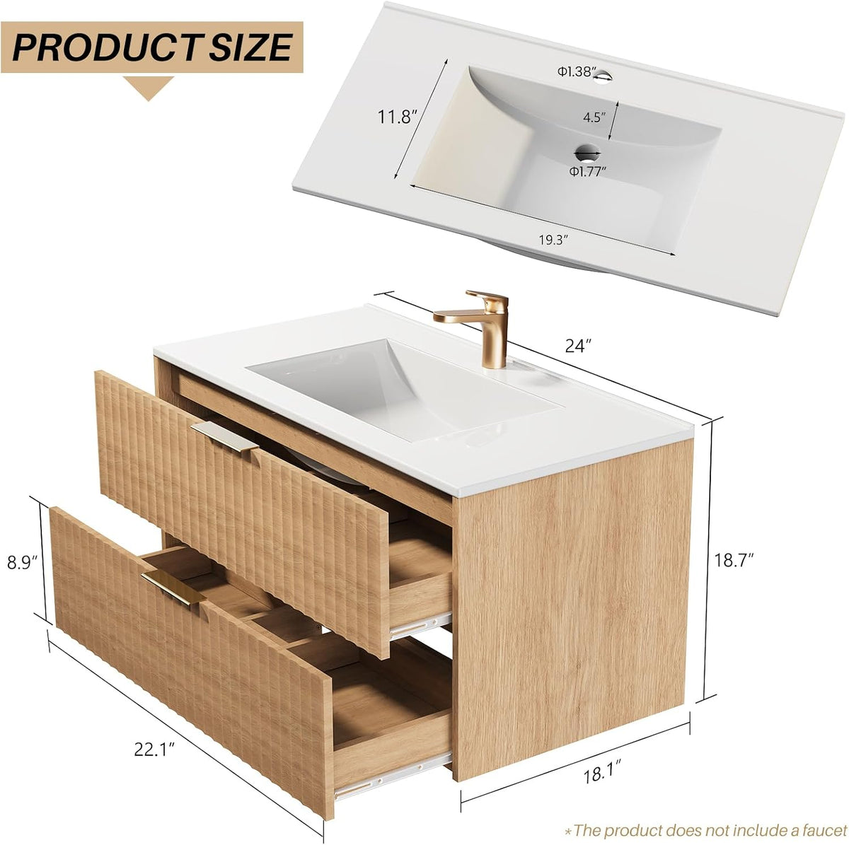 24 Inch Wood Grain Floating Bathroom Vanity With Resin Sink