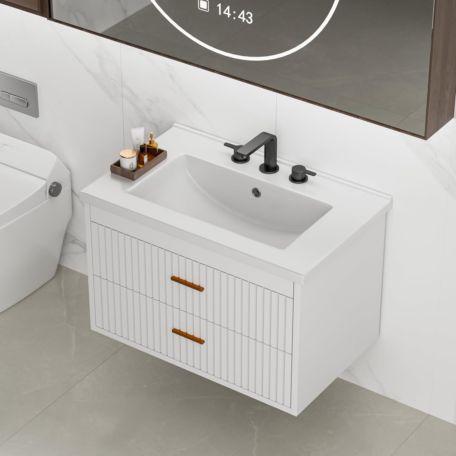 24 Inch White Fluted Floating Bathroom Vanity