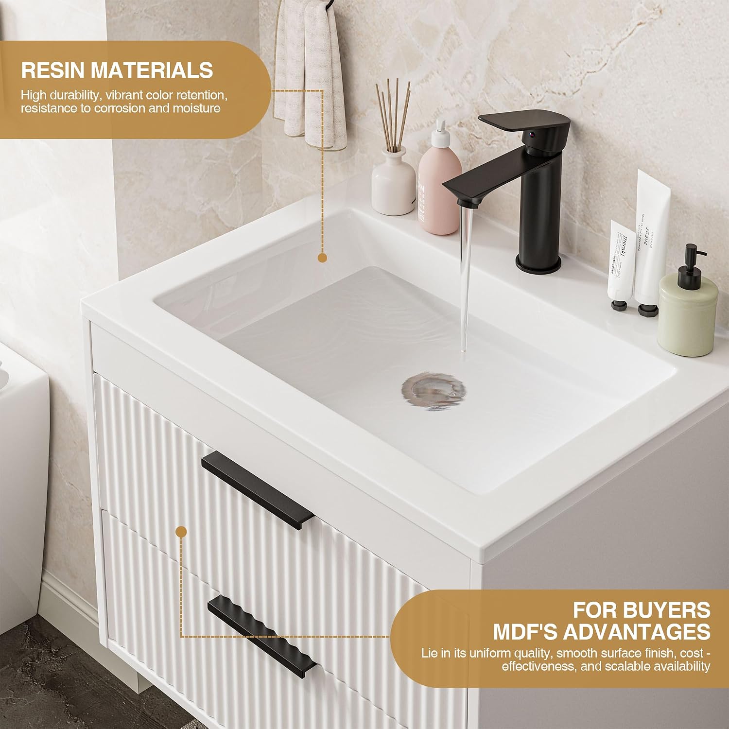 24 Inch Floating Bathroom Vanity With White Resin Sink