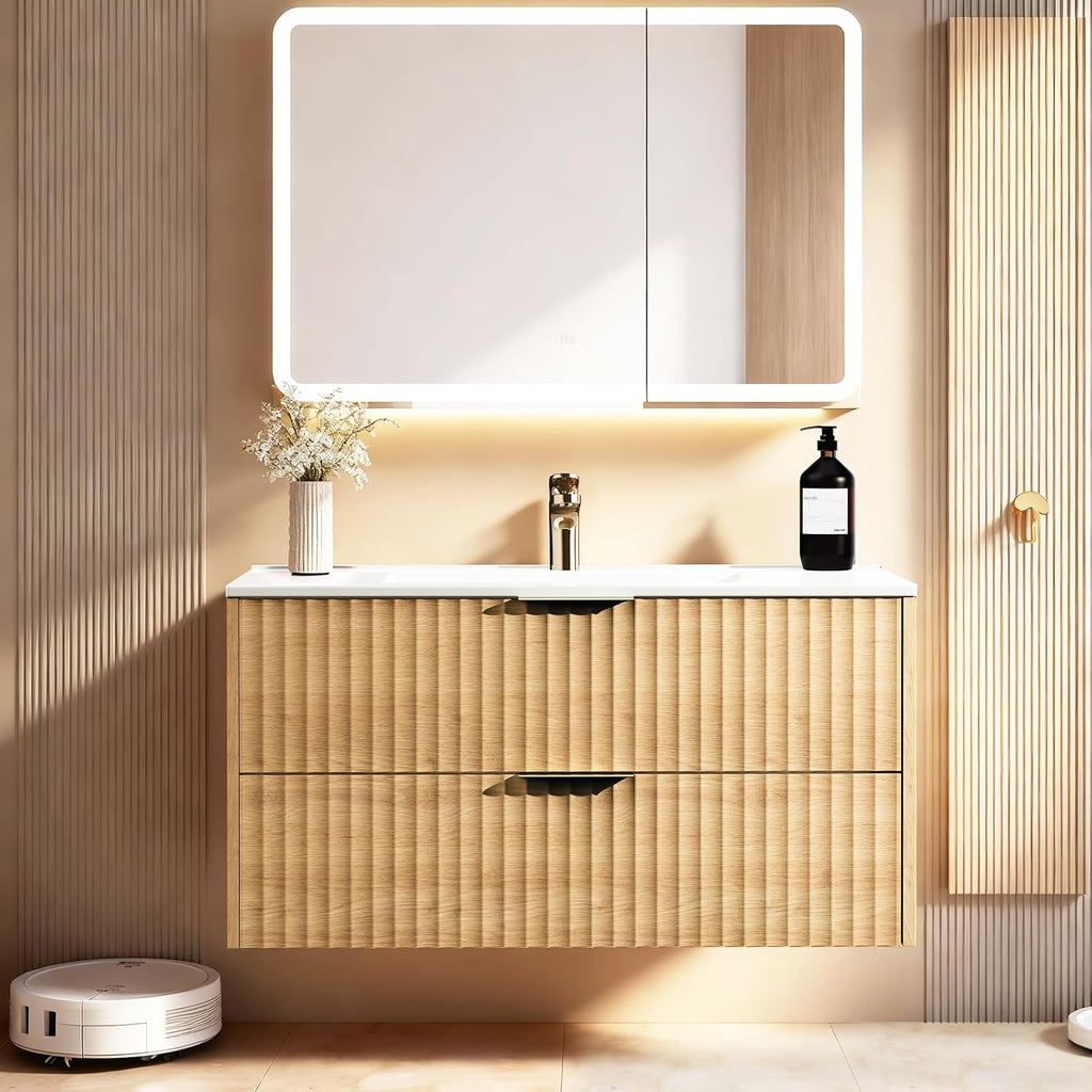 24 Inch Wood Grain Floating Bathroom Vanity With Resin Sink