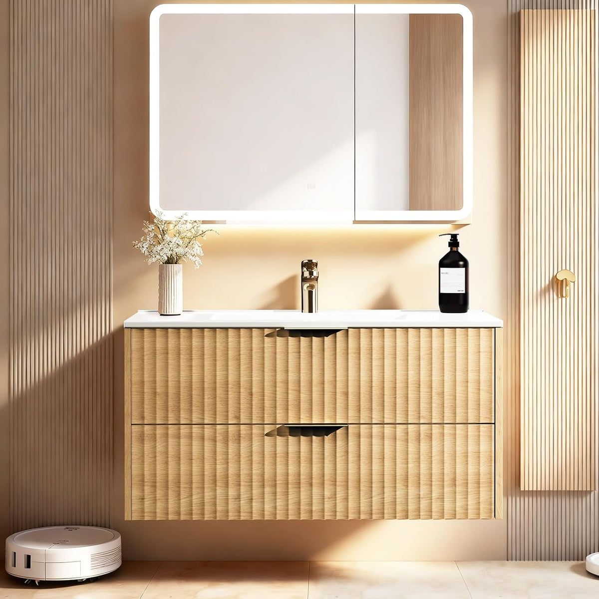 24 Inch Wood Grain Floating Bathroom Vanity With Resin Sink