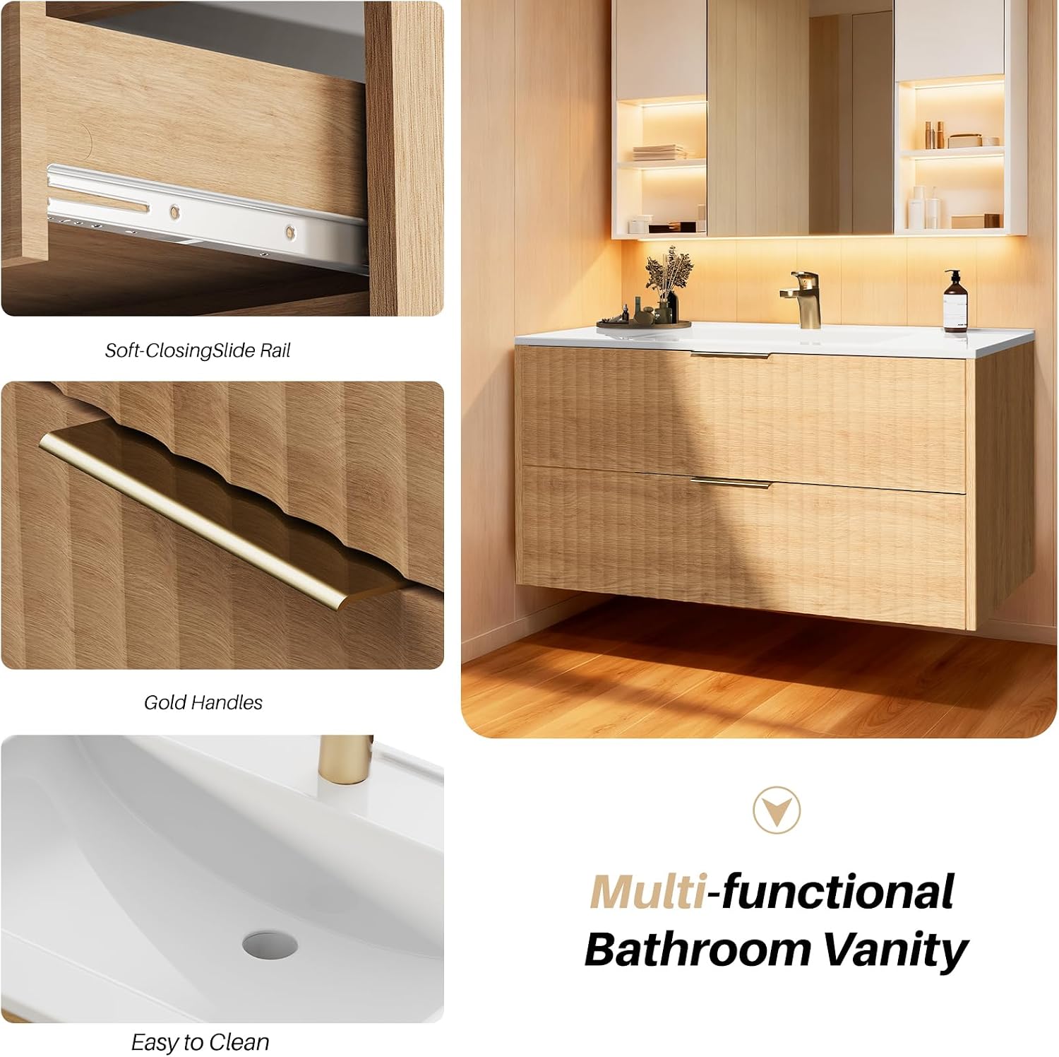 24 Inch Wood Grain Floating Bathroom Vanity With Resin Sink