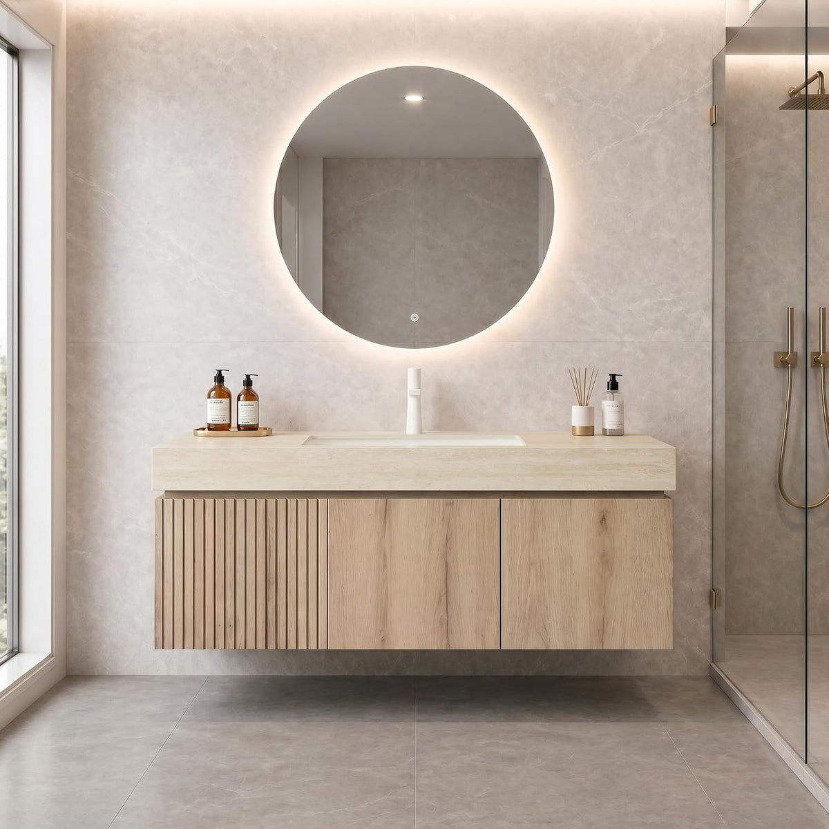 48" Light Oak Floating Vanity With Travertine Countertop