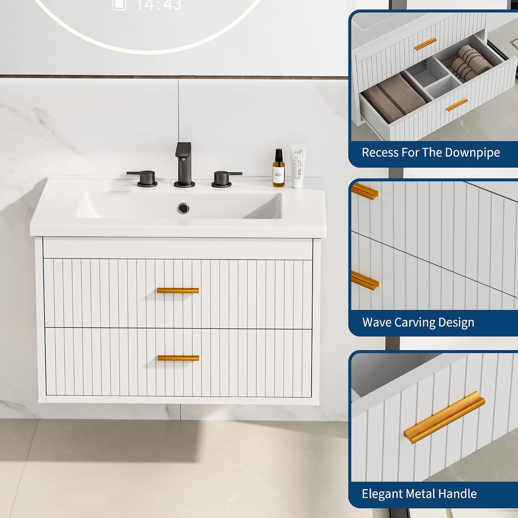 24 Inch White Fluted Floating Bathroom Vanity