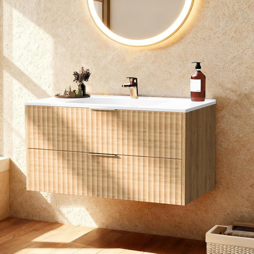 24 Inch Wood Grain Floating Bathroom Vanity With Resin Sink