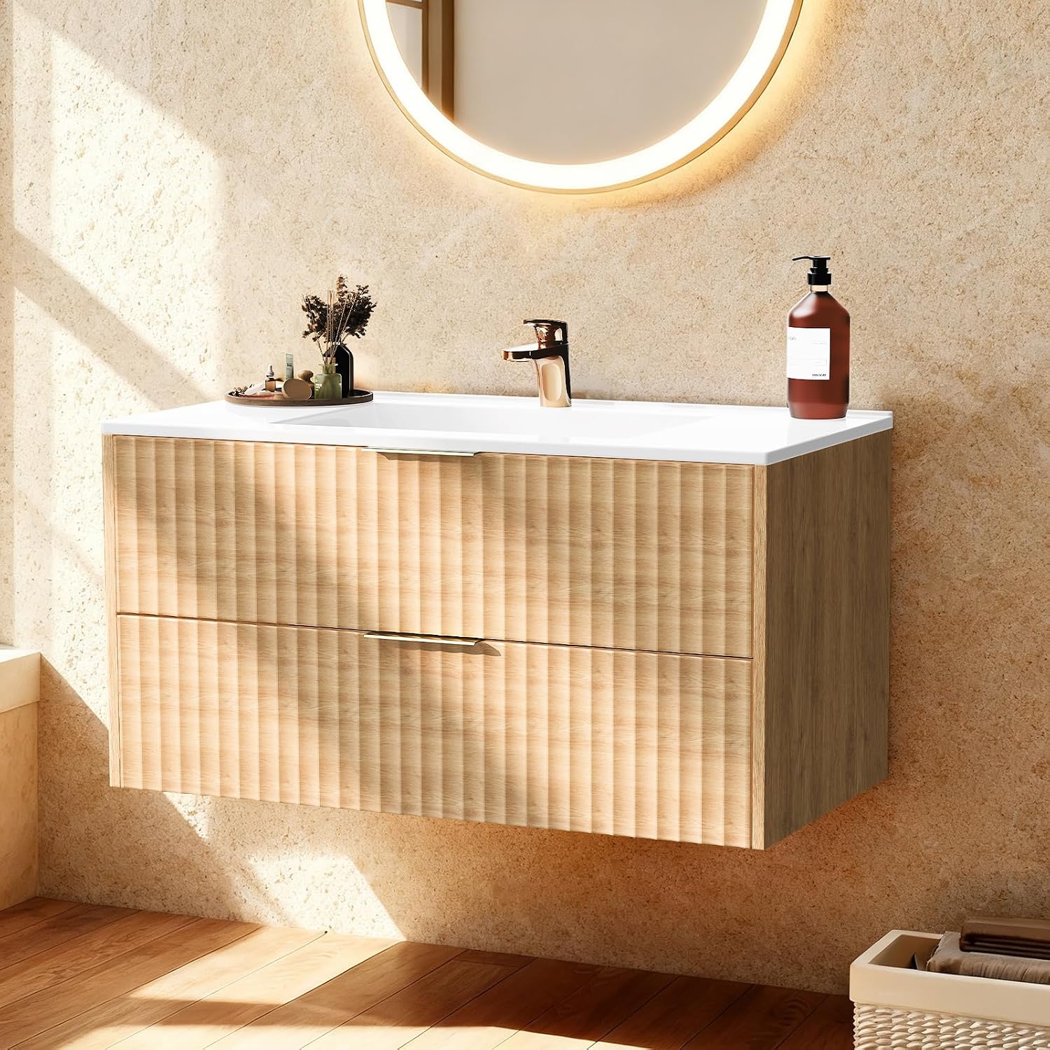 24 Inch Wood Grain Floating Bathroom Vanity With Resin Sink