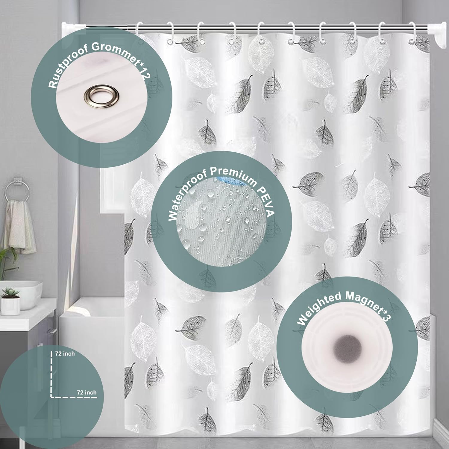 Gray Leaf Shower Curtain Liner