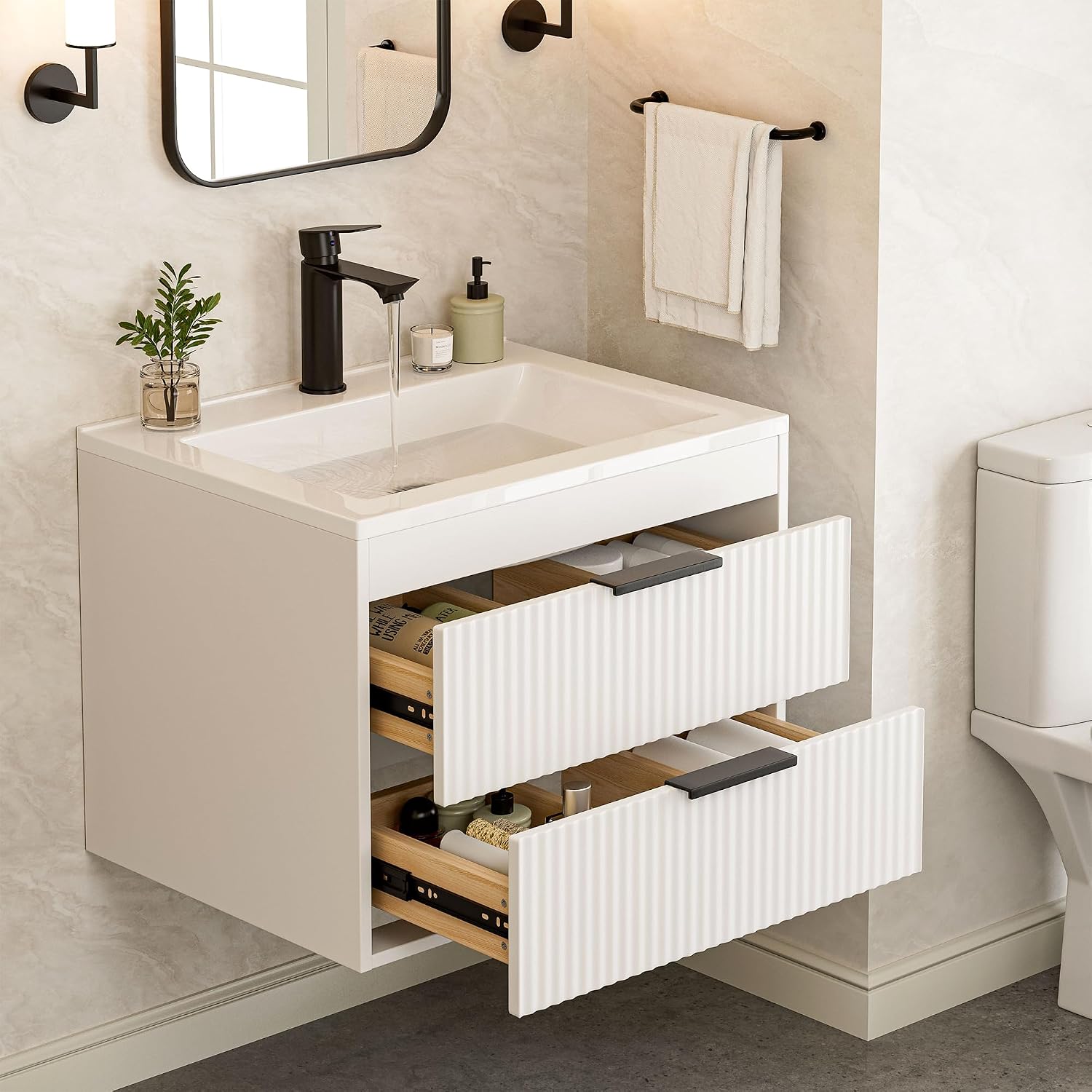 24 Inch Floating Bathroom Vanity With White Resin Sink