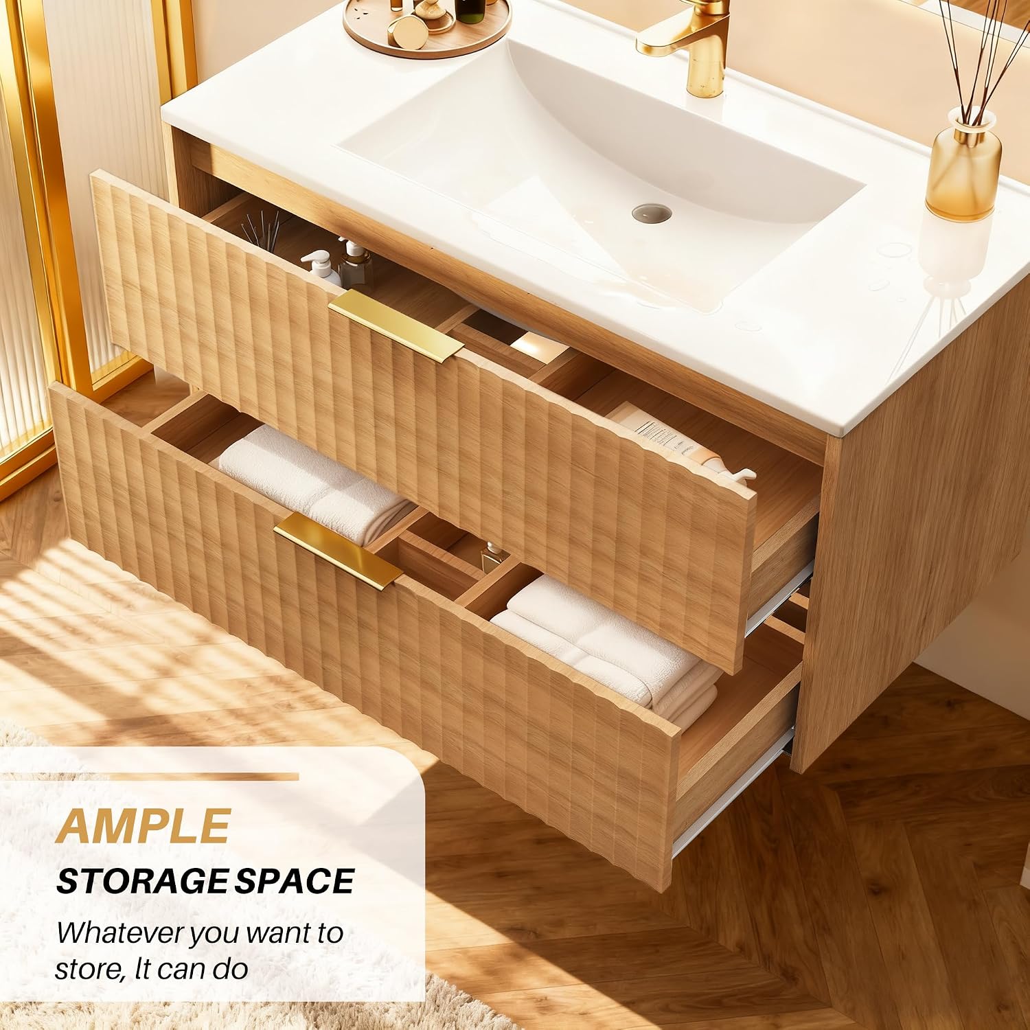 24 Inch Wood Grain Floating Bathroom Vanity With Resin Sink