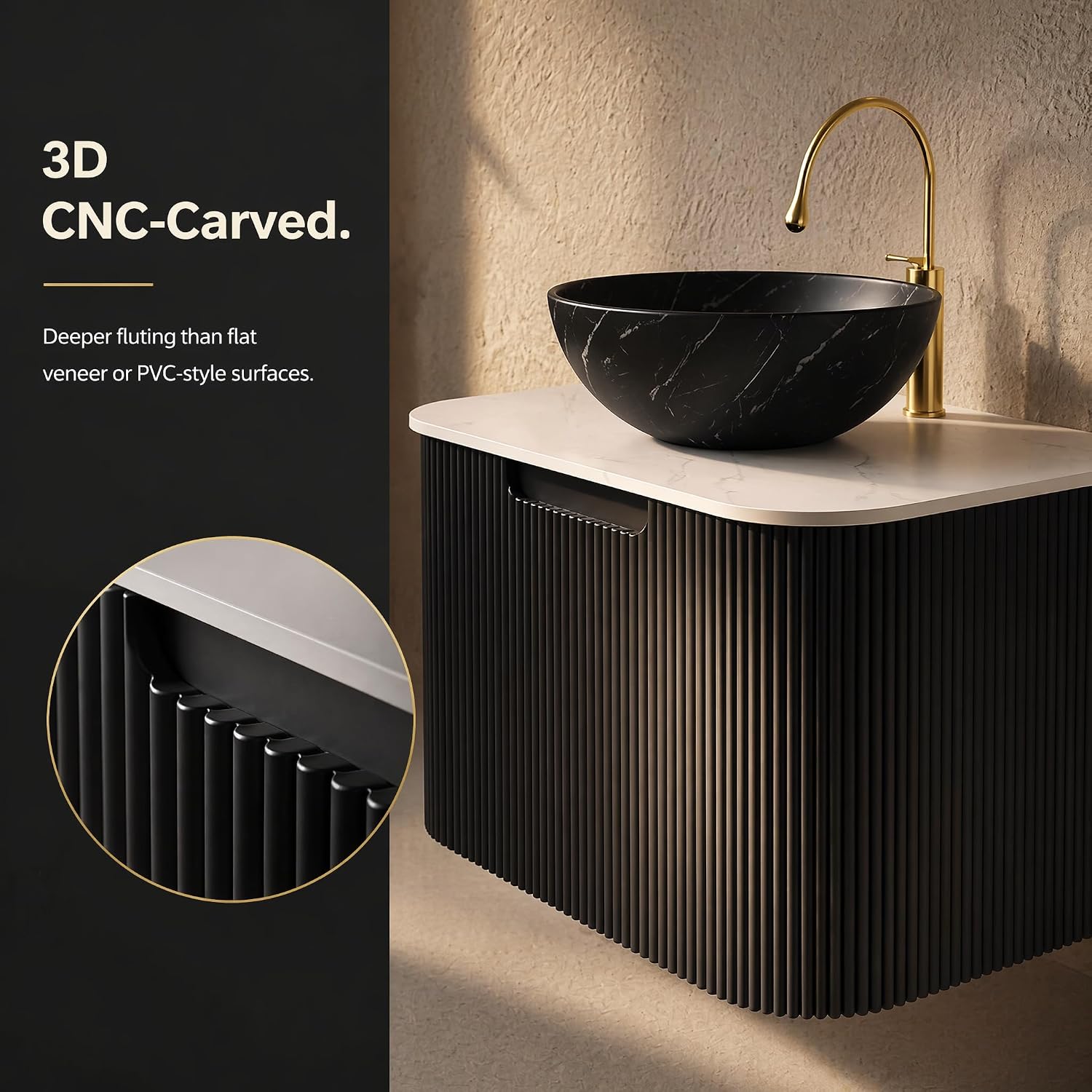 24 Inch Curved Fluted Floating Bathroom Vanity With Marble Vessel Sink